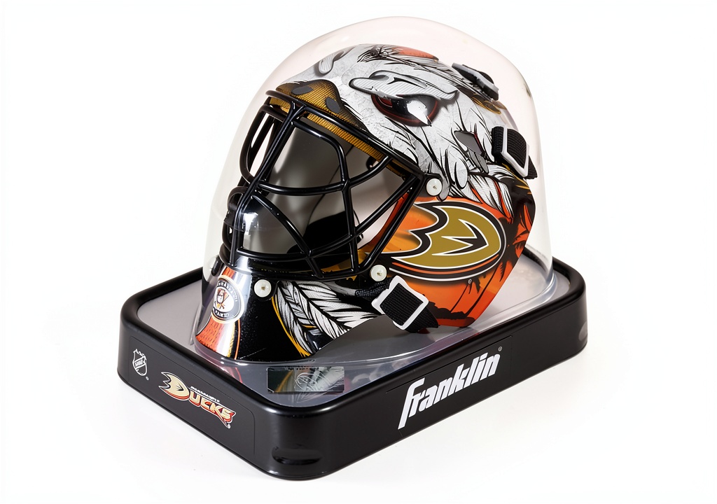 Fanatics Authentic Ice Hockey Goalie Mask laid out on a locker bench with unboxing accessories