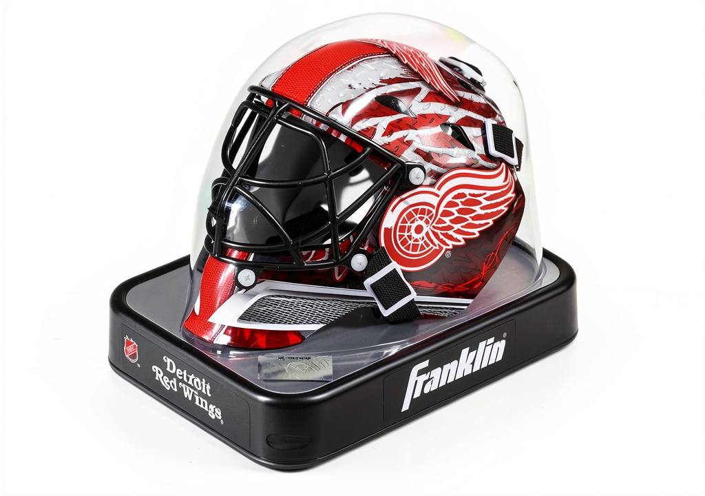 Installing Fanatics Authentic Ice Hockey Goalie Mask on a wooden bench during unboxing