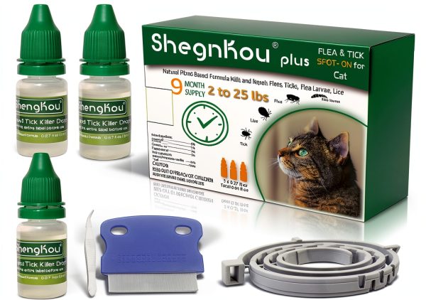Natural Flea Treatment for Cats (2-25 lbs) | 9-Month Supply with Comb, Tick Tool & Repellent Collar, Vet-Reviewed Formula-0
