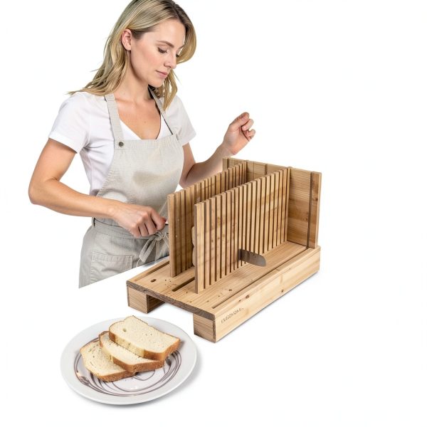 Bamboo Bread Slicer For Homemade Bread - Built-In Knife Slot, Crumb Catcher & Storage Compartment - Adjustable Extra Wide & High For Sourdough - Long 12” Knife Blade Included-4