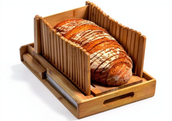 Bamboo Bread Slicer with Crumb Tray Bamboo Bread Cutter for Homemade Bread, Loaf Cakes, Bagels Slicer, 3 Slice Sizes, Adjustable, Compact, Foldable-0