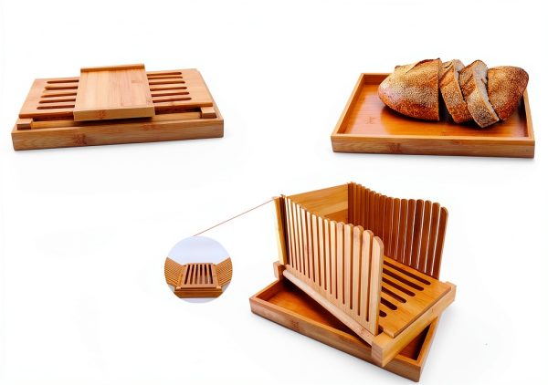 Bamboo Bread Slicer with Crumb Tray Bamboo Bread Cutter for Homemade Bread, Loaf Cakes, Bagels Slicer, 3 Slice Sizes, Adjustable, Compact, Foldable-2