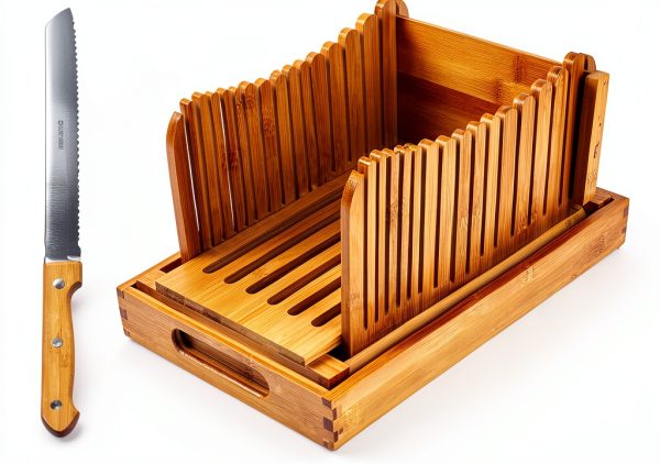 Bamboo Bread Slicer with Crumb Tray Bamboo Bread Cutter for Homemade Bread, Loaf Cakes, Bagels Slicer, 3 Slice Sizes, Adjustable, Compact, Foldable-3