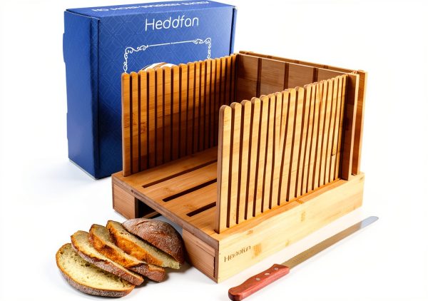 Bamboo Bread Slicer For Homemade Bread - Built-In Knife Slot, Crumb Catcher & Storage Compartment - Adjustable Extra Wide & High For Sourdough - Long 12” Knife Blade Included-0